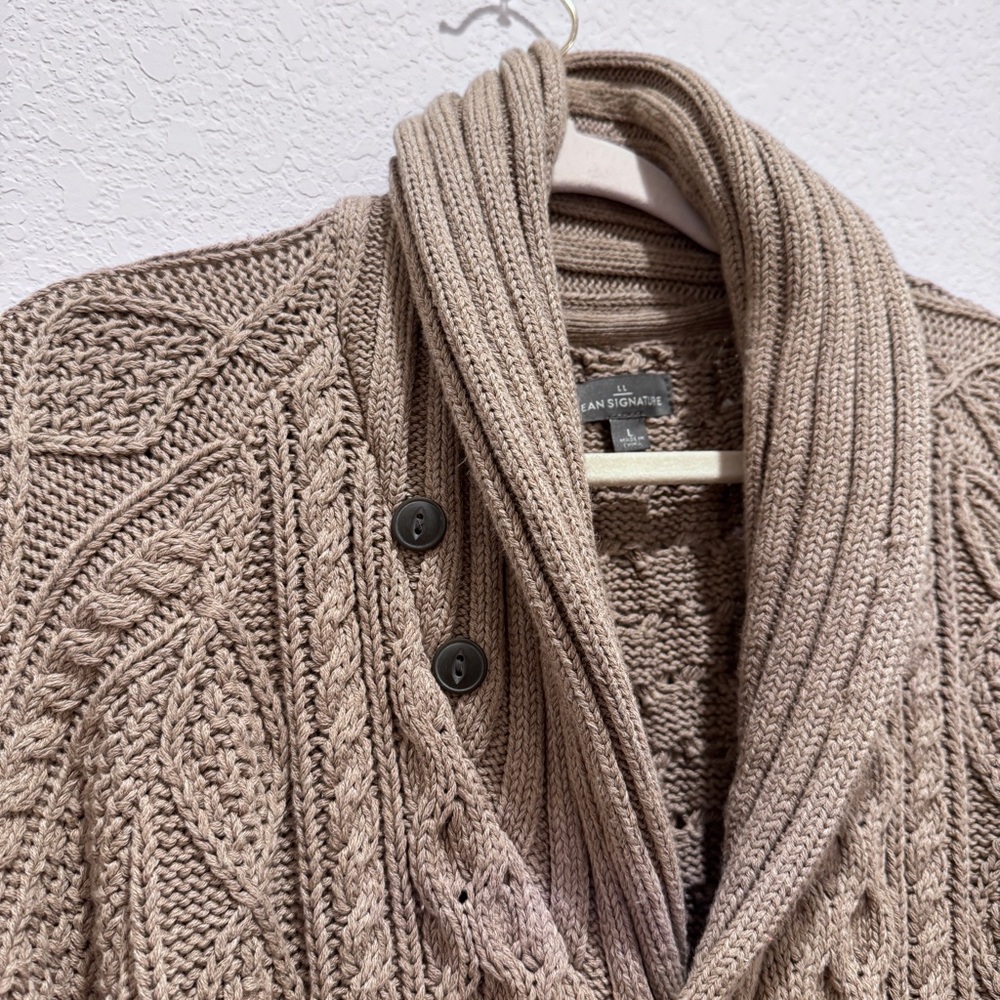 LLBean Signature Fisherman Cable Knit Sweater Cardigan Grandpa Cotton Brwn Tan L - Picture 7 of 16